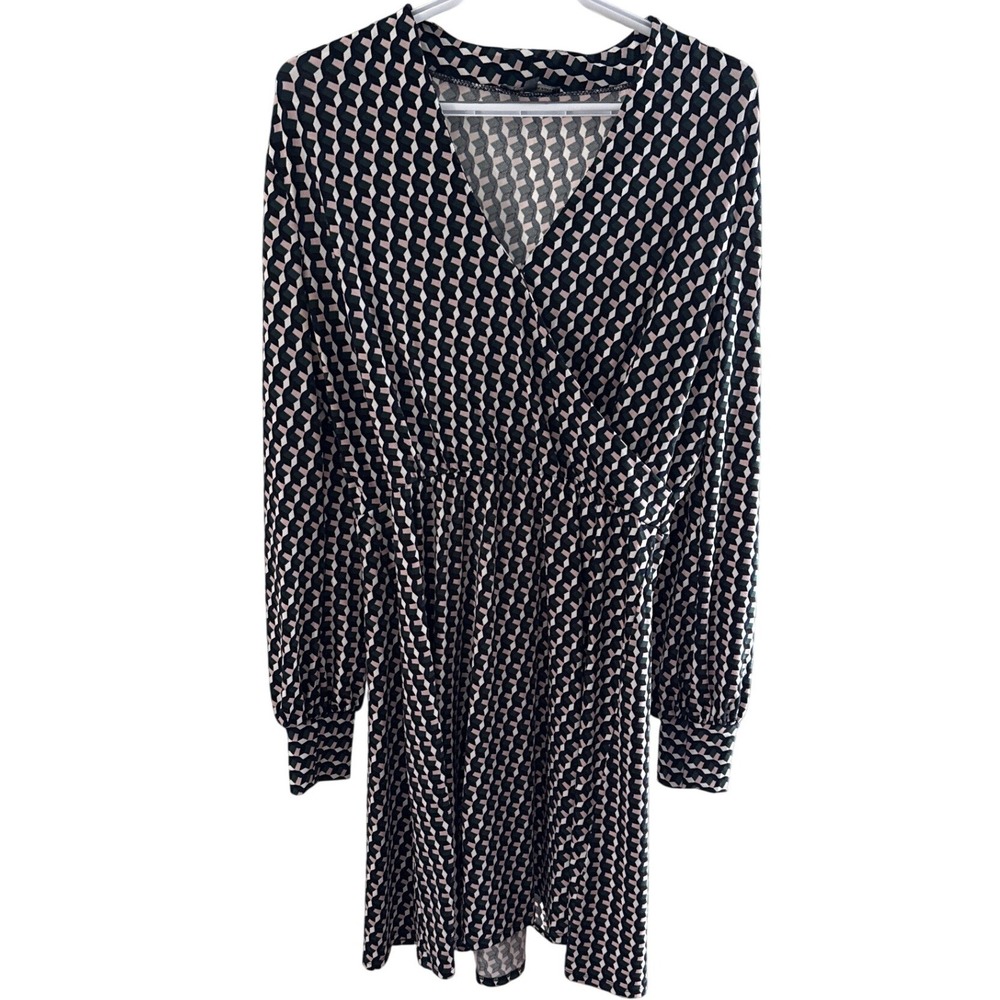 Adrianna Papell Womens Geometric Cube Print Faux Wrap Dress Navy Green Pink M